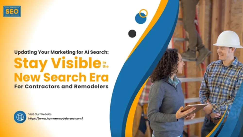 Construction professionals on site next to banner promoting AI search marketing for builders